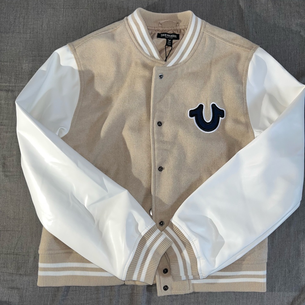 True Religion Cream Varsity Jacket with White Details
